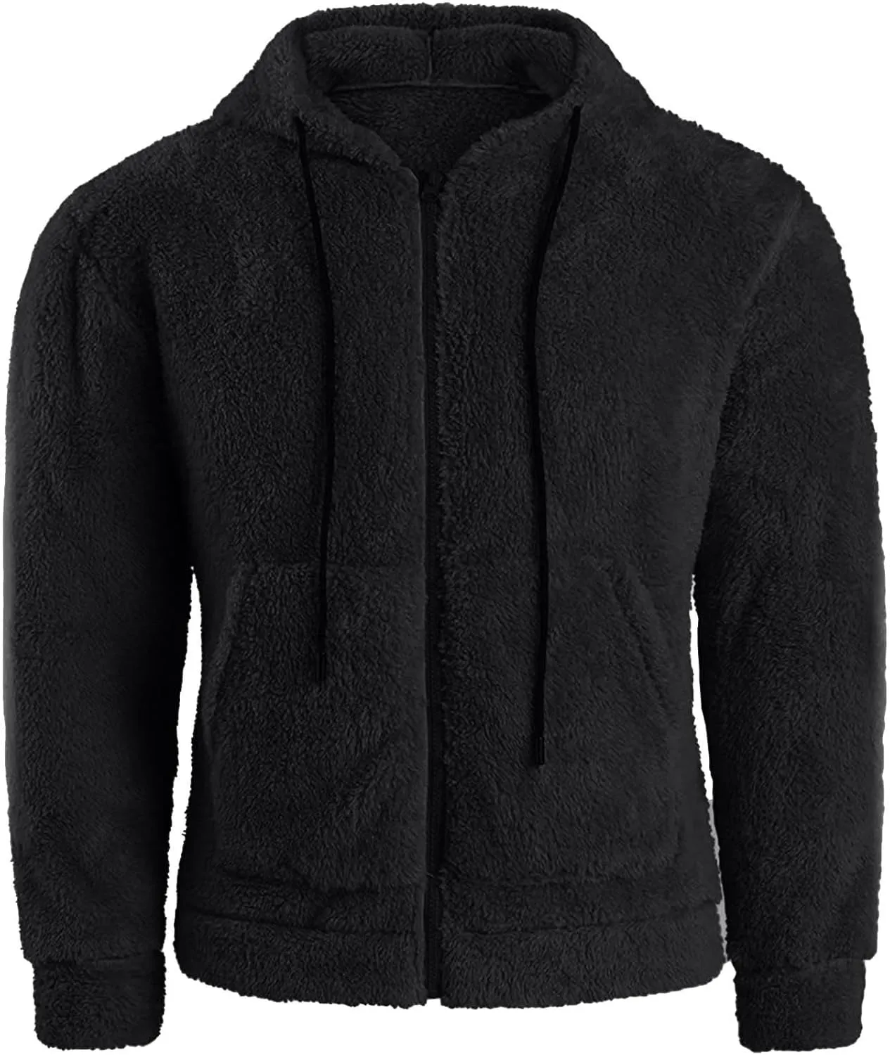 Men Double Sided Fleece Zipper Cardigan Coat Solid Color Fuzzy Warm Hooded Jacket Drawstring with Pockets Outwear