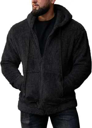 Men Double Sided Fleece Zipper Cardigan Coat Solid Color Fuzzy Warm Hooded Jacket Drawstring with Pockets Outwear