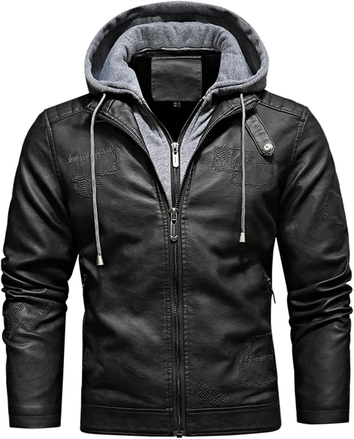 Men Fall Winter PU Leather Jacket Velvet Thermal Detachable Hooded Leather Coats Fashion Trend Long Sleeve Coat