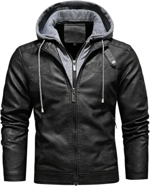 Men Fall Winter PU Leather Jacket Velvet Thermal Detachable Hooded Leather Coats Fashion Trend Long Sleeve Coat