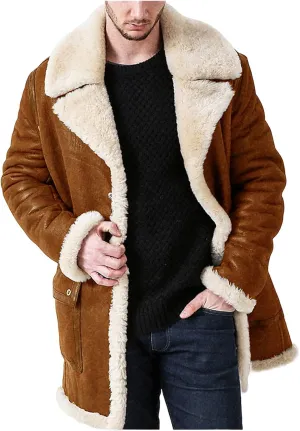 Men Faux Fur Leather Jackets Sherpa Fleece Lined Open Front Lapel Trench Coat Big and Tall Outwears for Winter