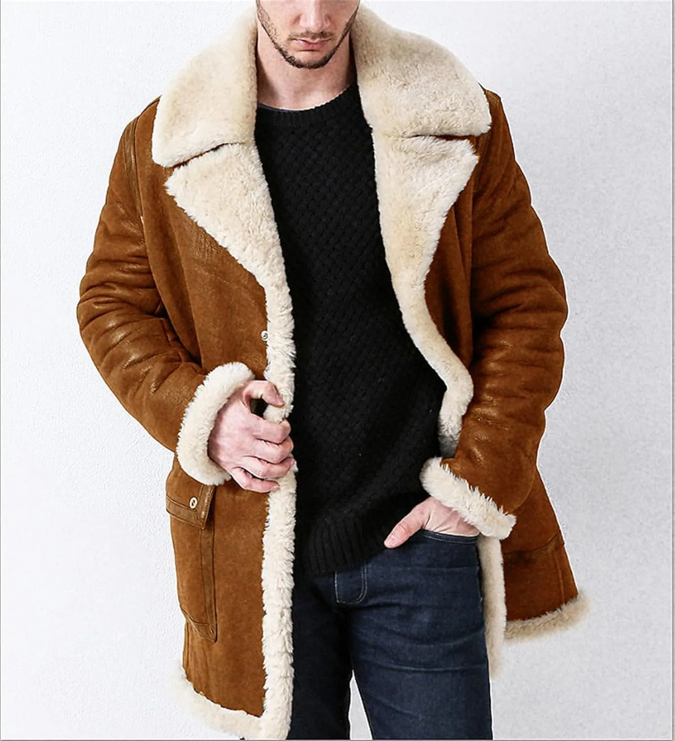 Men Faux Fur Leather Jackets Sherpa Fleece Lined Open Front Lapel Trench Coat Big and Tall Outwears for Winter