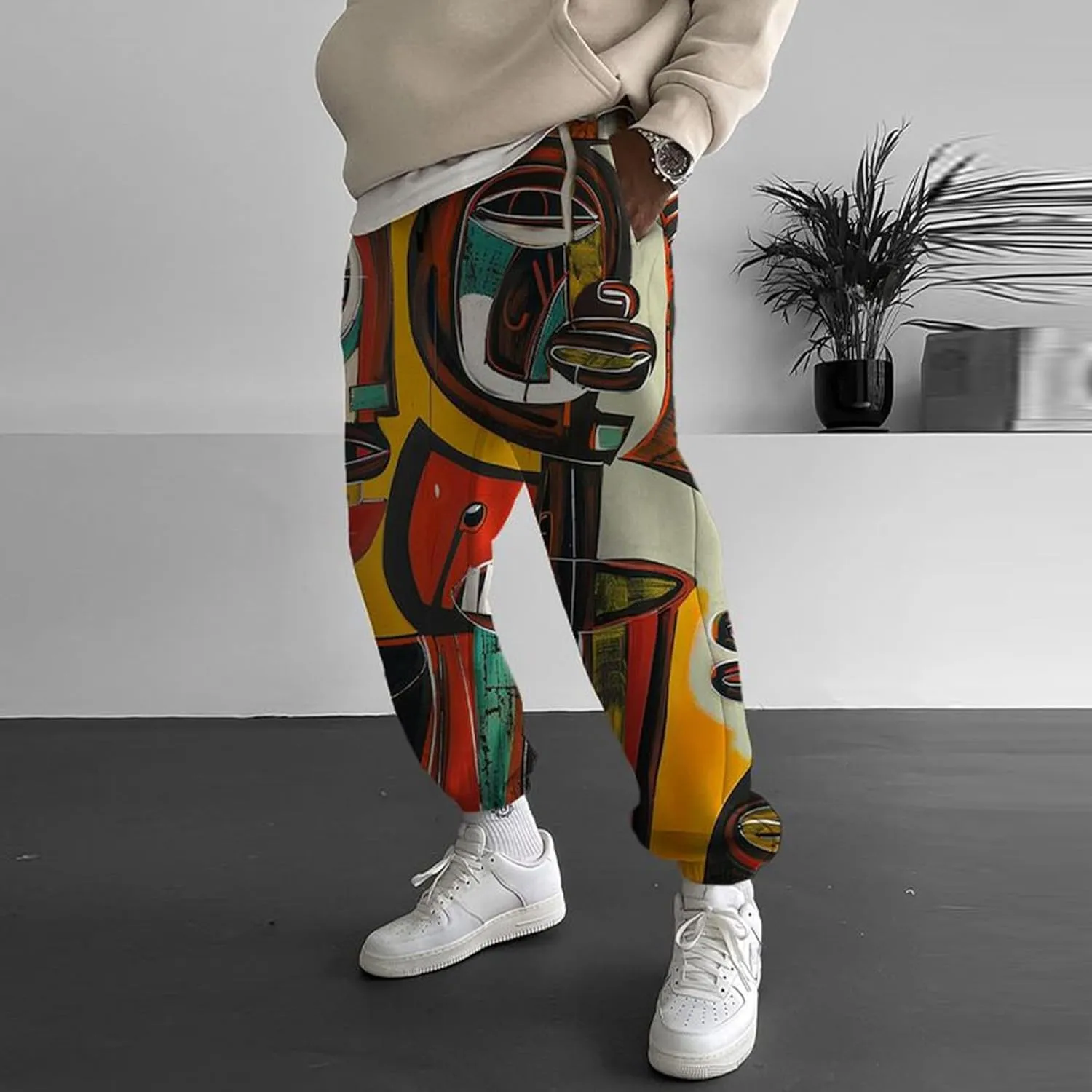 Men Hippie Harem Pants Men's Autumn Fun Print Fashion Street Feel Casual Sweatpants Cotton Drawstring Cargo Pants