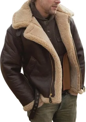 Men Sherpa Lined Bomber Jacket Aviator Fur Leather Jacket Shearling Bomber Jackets Winter Warm Coats for Men