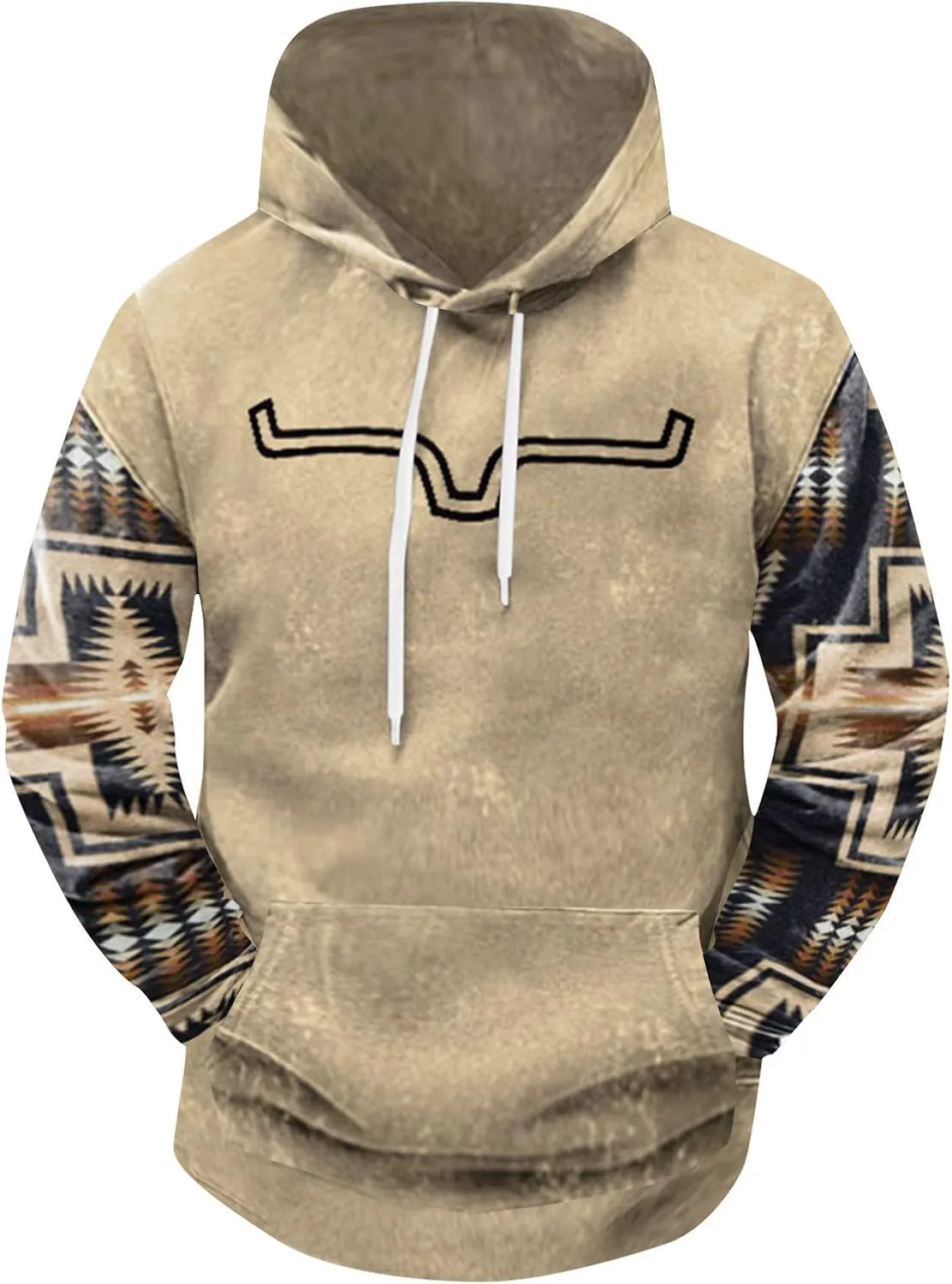 Mens Aztec Hoodie Western Hooded Sweatshirt Casual Vintage Long Sleeve Drawstring Cowboy Pullover with Pocket