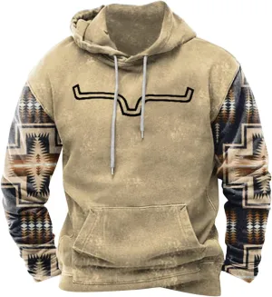 Mens Aztec Hoodie Western Hooded Sweatshirt Casual Vintage Long Sleeve Drawstring Cowboy Pullover with Pocket