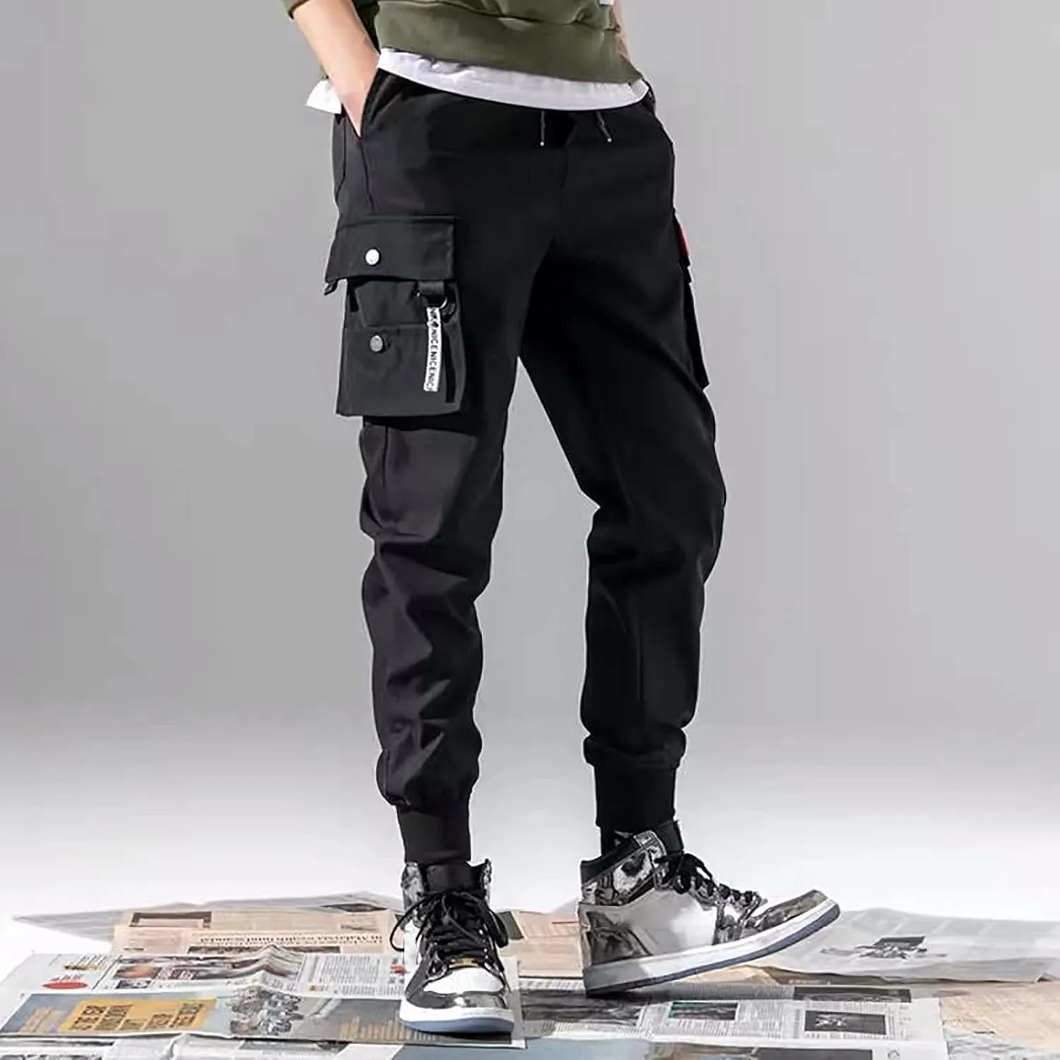 Mens Cargo Pants Casual Joggers Athletic Pants Cotton Loose Straight Sweatpants Fashion Punk Joggers Sports Pants