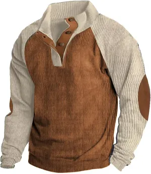 Men's Corduroy Long Sleeve Button Collar Sweatshirts Big and Tall Casual Pullover Lightweight Outdoor Tactical Tops