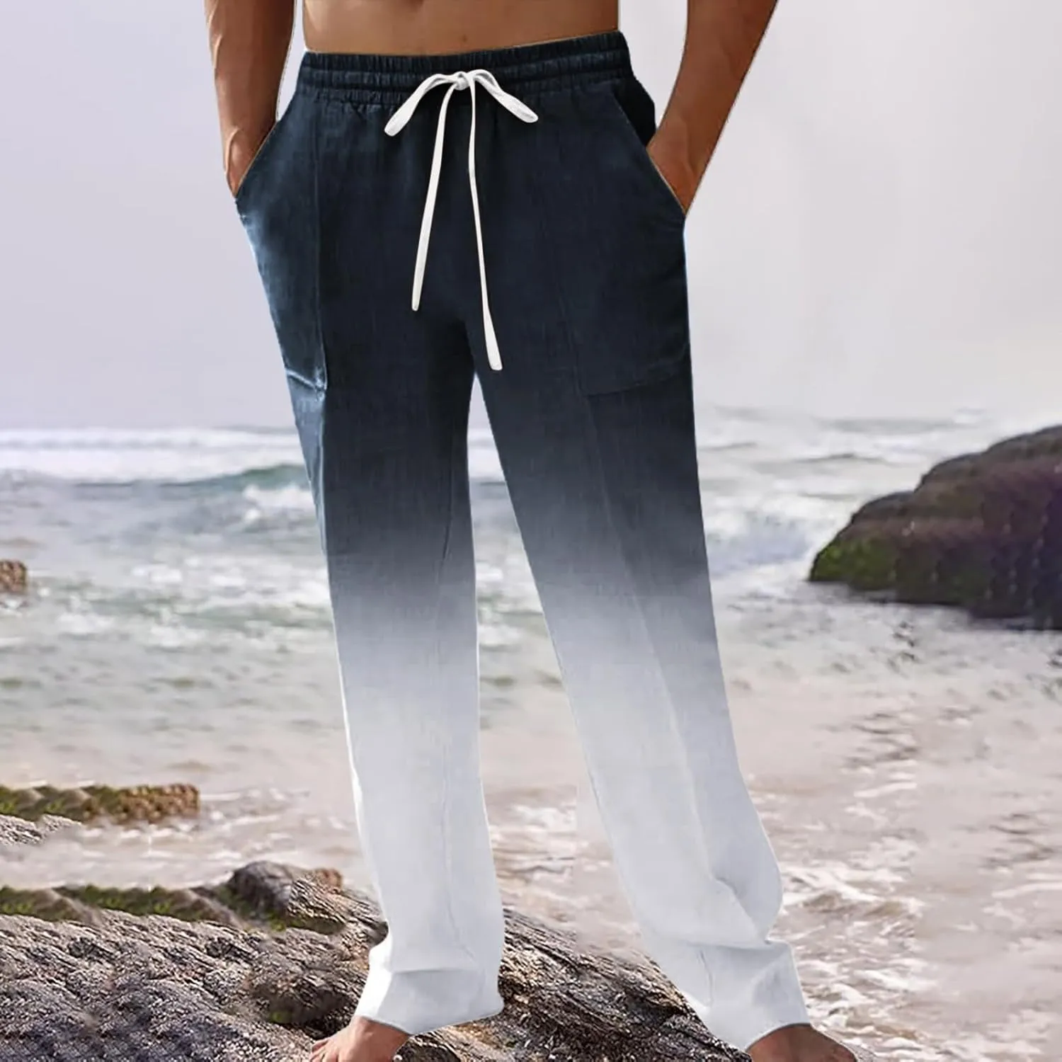Mens Cotton Linen Classic Pants Casual Classic Elastic Waist Beach Yoga Pants Summer Lightweight Trouser with Pockets