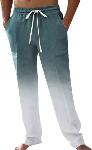 Mens Cotton Linen Classic Pants Casual Classic Elastic Waist Beach Yoga Pants Summer Lightweight Trouser with Pockets