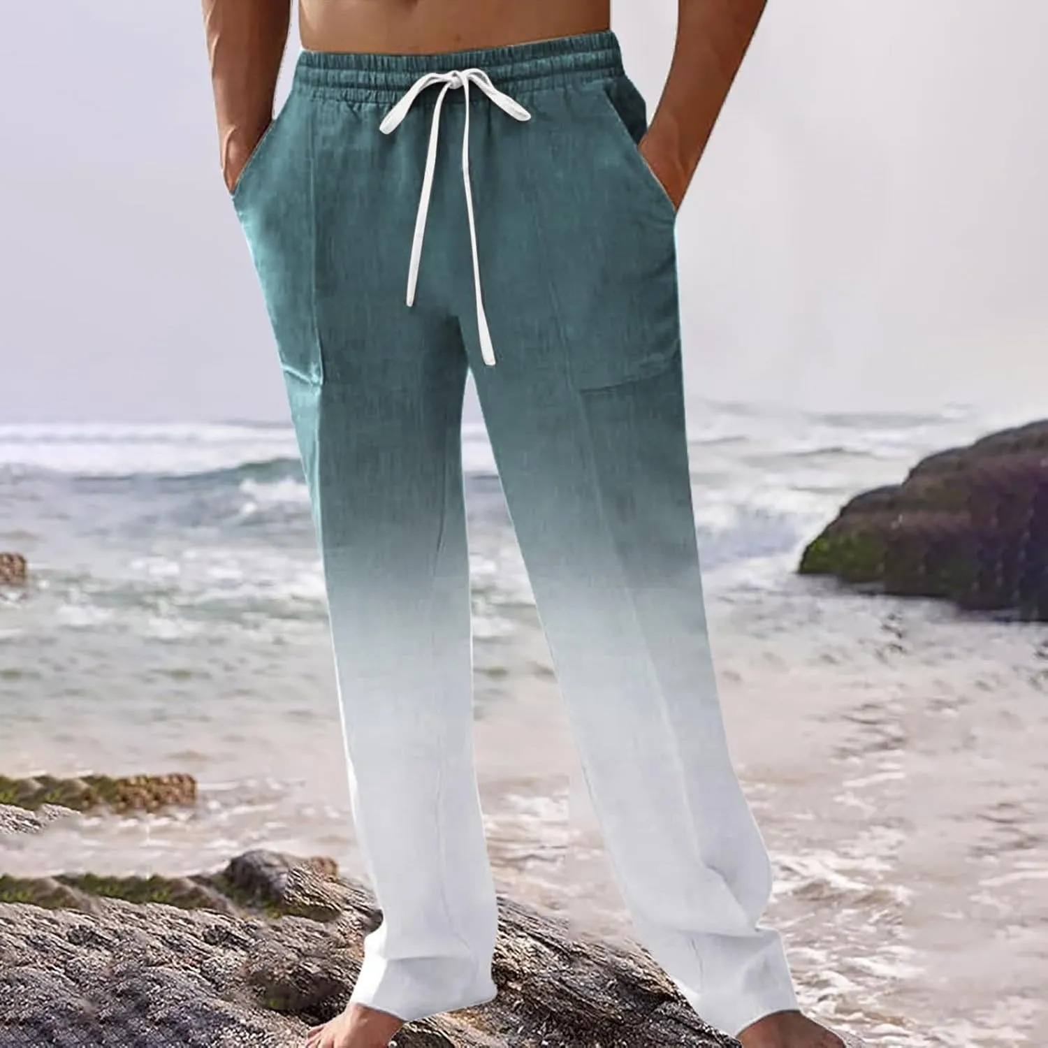 Mens Cotton Linen Classic Pants Casual Classic Elastic Waist Beach Yoga Pants Summer Lightweight Trouser with Pockets