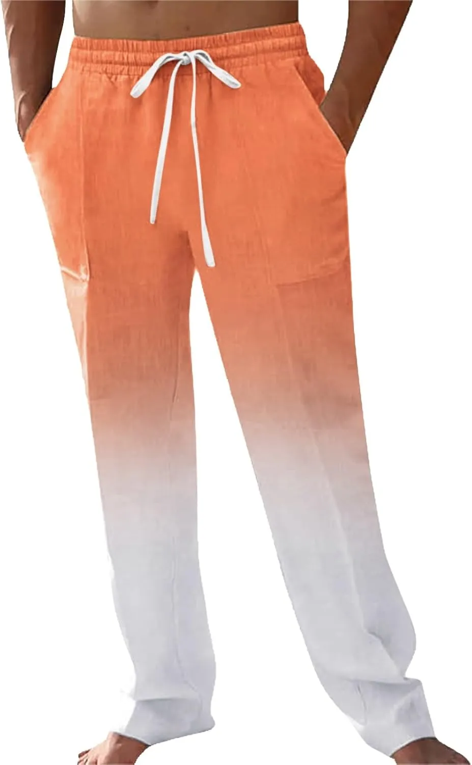 Mens Cotton Linen Classic Pants Casual Classic Elastic Waist Beach Yoga Pants Summer Lightweight Trouser with Pockets