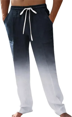 Mens Cotton Linen Classic Pants Casual Classic Elastic Waist Beach Yoga Pants Summer Lightweight Trouser with Pockets