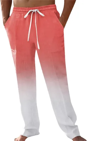 Mens Cotton Linen Classic Pants Casual Classic Elastic Waist Beach Yoga Pants Summer Lightweight Trouser with Pockets
