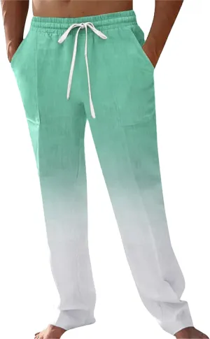 Mens Cotton Linen Classic Pants Casual Classic Elastic Waist Beach Yoga Pants Summer Lightweight Trouser with Pockets