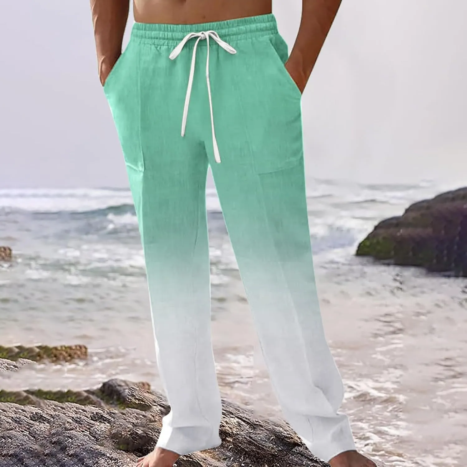 Mens Cotton Linen Classic Pants Casual Classic Elastic Waist Beach Yoga Pants Summer Lightweight Trouser with Pockets