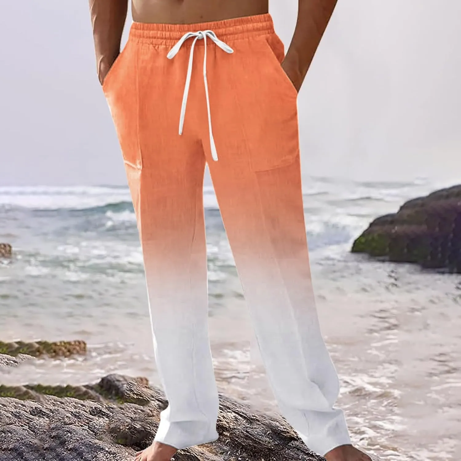 Mens Cotton Linen Classic Pants Casual Classic Elastic Waist Beach Yoga Pants Summer Lightweight Trouser with Pockets