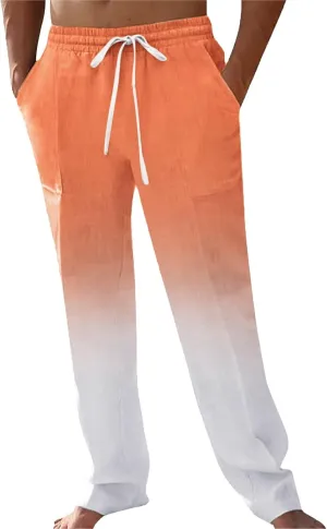 Mens Cotton Linen Classic Pants Casual Classic Elastic Waist Beach Yoga Pants Summer Lightweight Trouser with Pockets