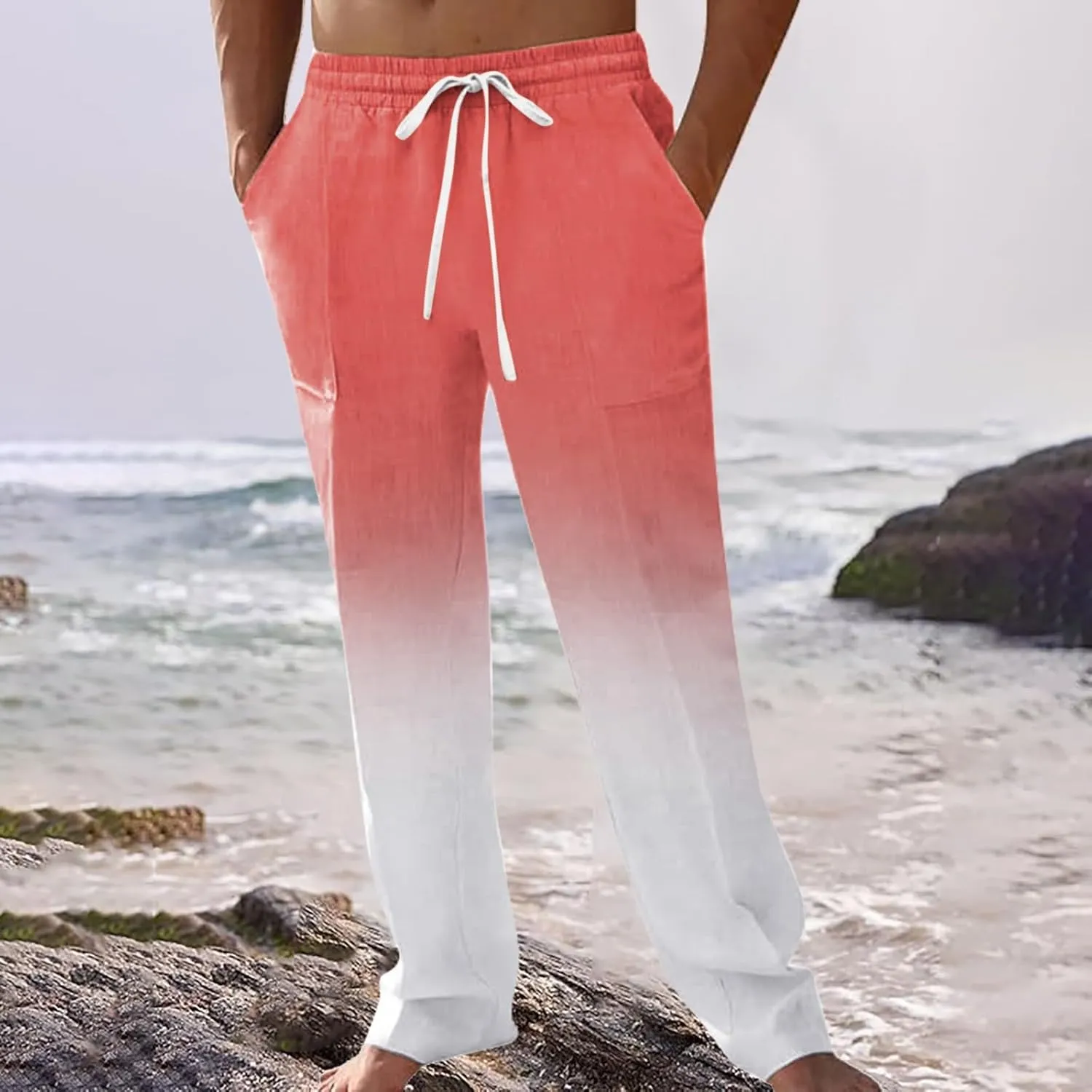 Mens Cotton Linen Classic Pants Casual Classic Elastic Waist Beach Yoga Pants Summer Lightweight Trouser with Pockets