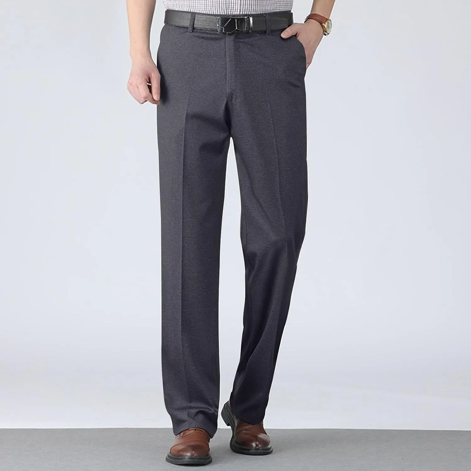 Mens Dress Pants Pleated Relaxed Fit Stretch Dress Pants Elastic Waist Casual Chino Pants (Available Big & Tall)