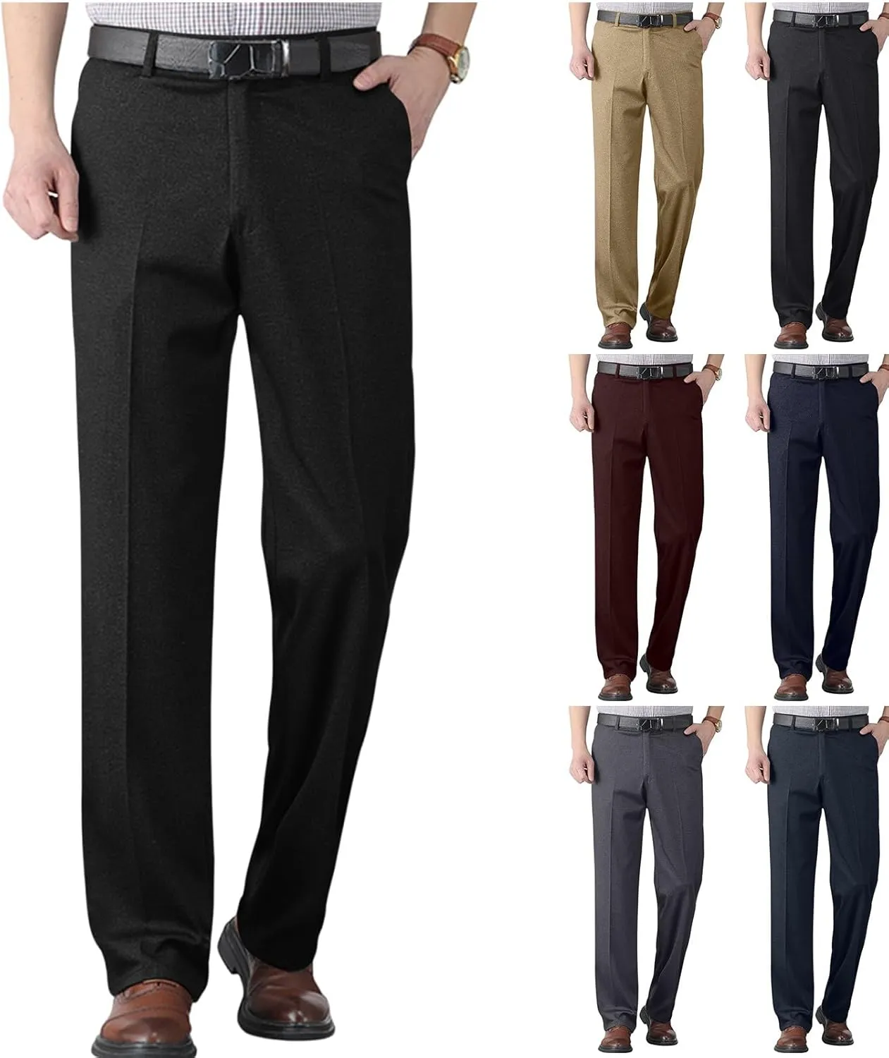 Mens Dress Pants Pleated Slim Fit Stretch Dress Pants Elastic Waist Relaxed Fit Chino Pants (Available Big & Tall)