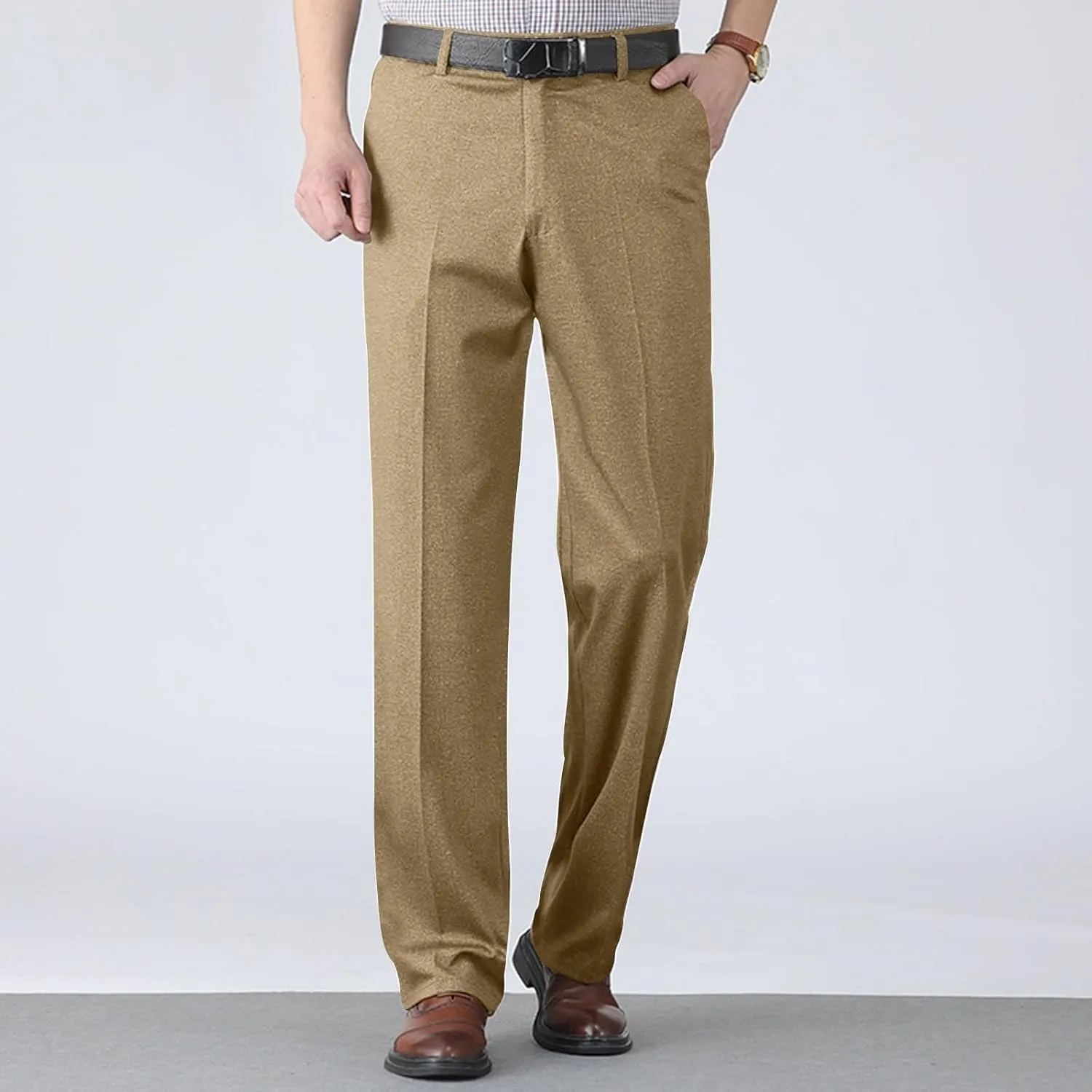 Mens Dress Pants Pleated Slim Fit Stretch Dress Pants Elastic Waist Relaxed Fit Chino Pants (Available Big & Tall)