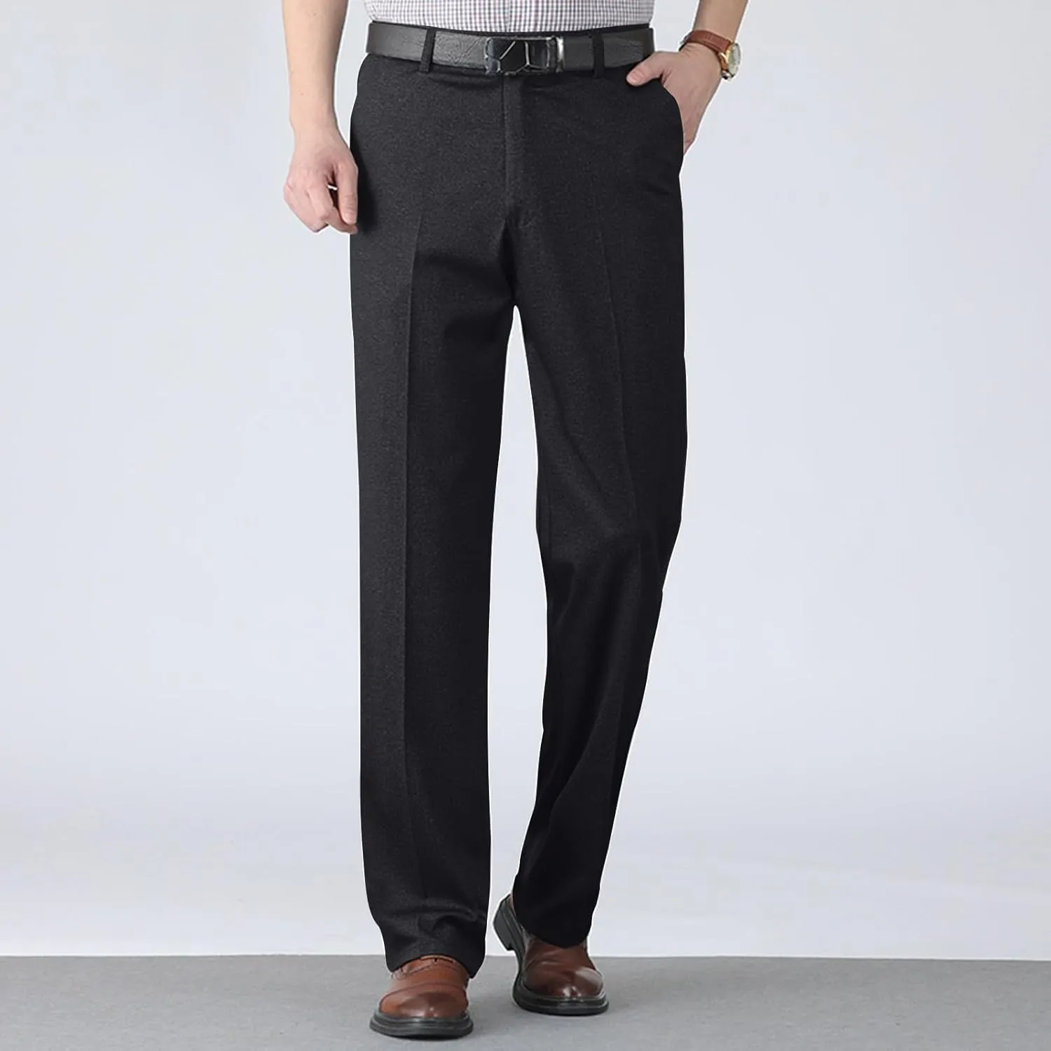 Mens Dress Pants Pleated Slim Fit Stretch Dress Pants Elastic Waist Relaxed Fit Chino Pants (Available Big & Tall)