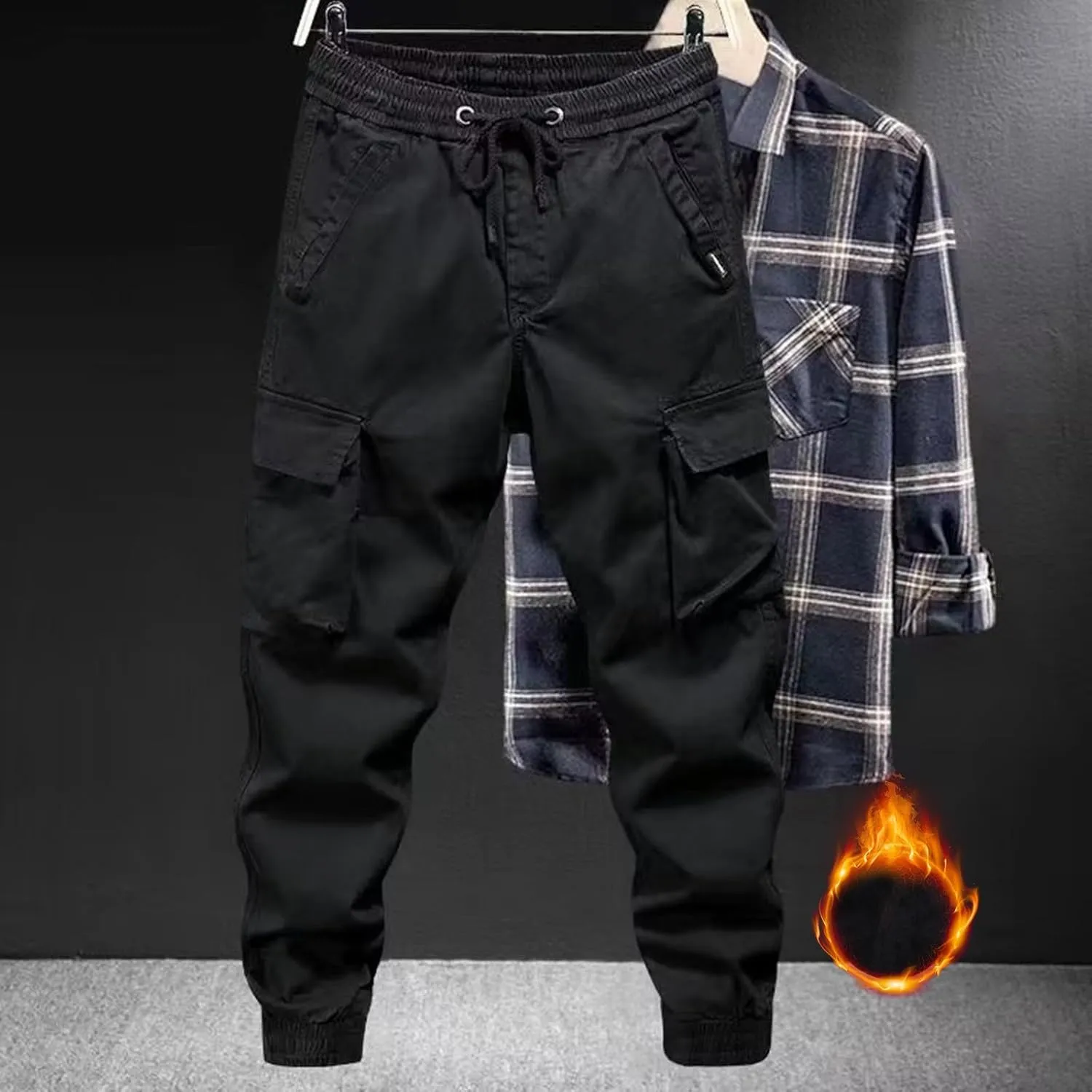 Men's Elastic Fleece Cargo Pants with Multi-Pockets Stretch Cargo Pants Slim Fit Pockets Elastic Waistband Long Pants