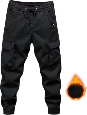 Men's Elastic Fleece Cargo Pants with Multi-Pockets Stretch Cargo Pants Slim Fit Pockets Elastic Waistband Long Pants