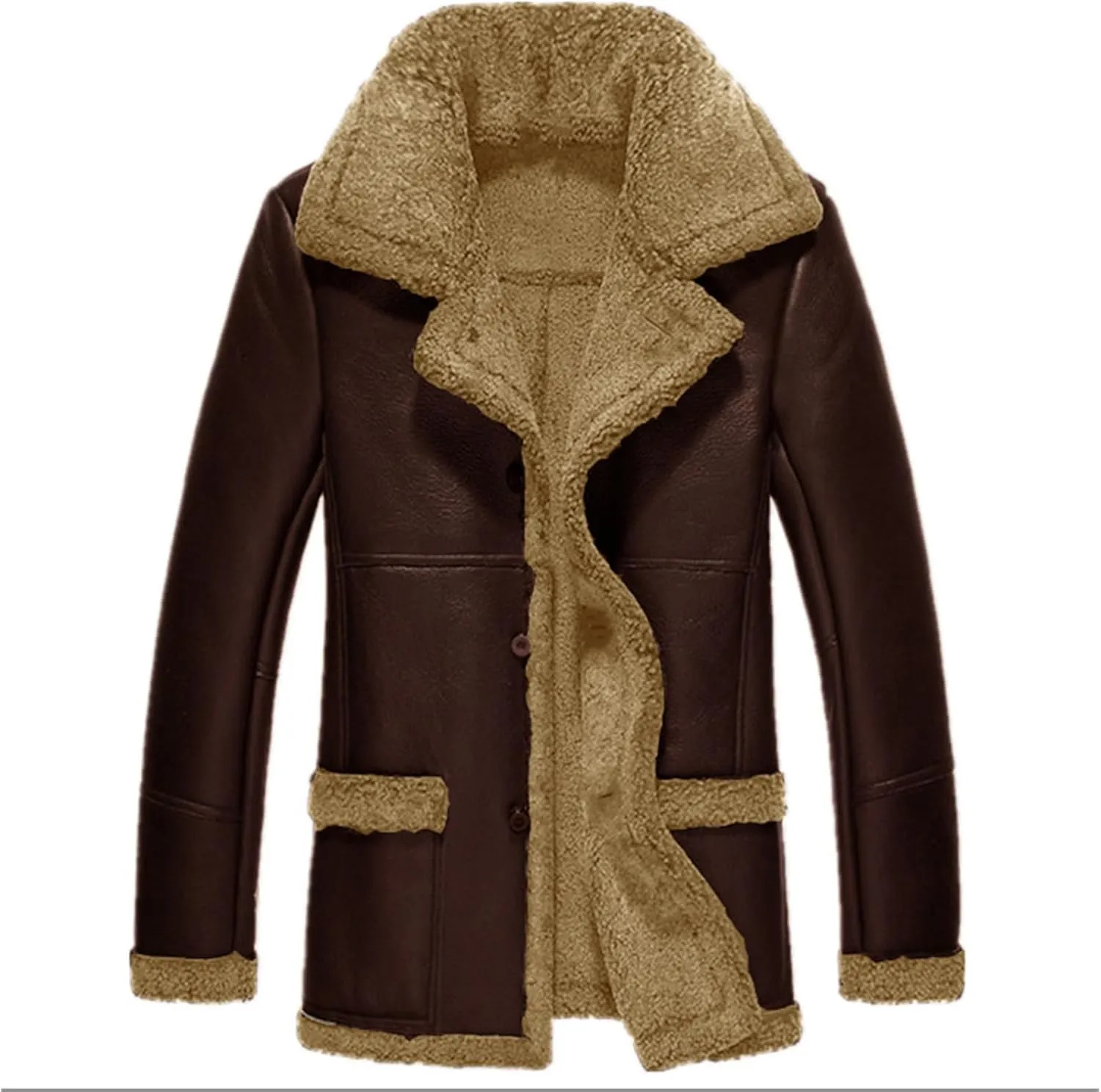 Mens Faux Leather Jacket Fleece Sherpa Lined Fur Coat Warm Winter Long PU Leather Jacket Duster Trench Coat for Men