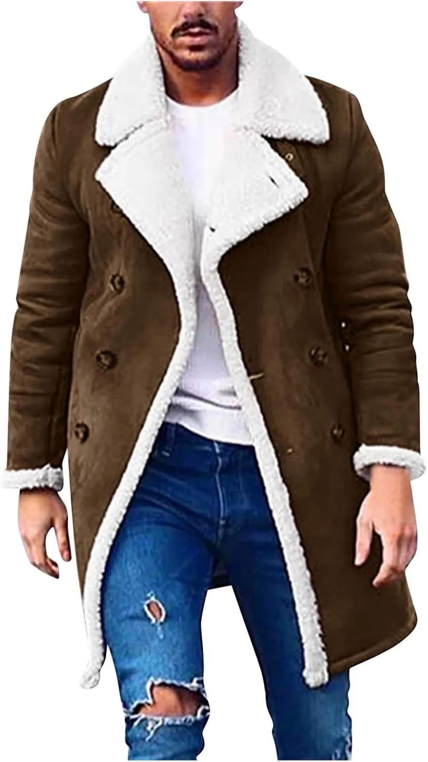 Mens Faux Leather Jacket Vintage Sherpa Fleece Lined Winter Coat Zipper Fur Collar Shearling Bomber Motorcycle Jacket