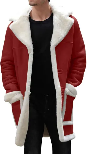 Mens Faux Sherpa Fleece Lined Long Jackets Winter Fur Collar Trench Coat Big and Tall Outwears with Pockets
