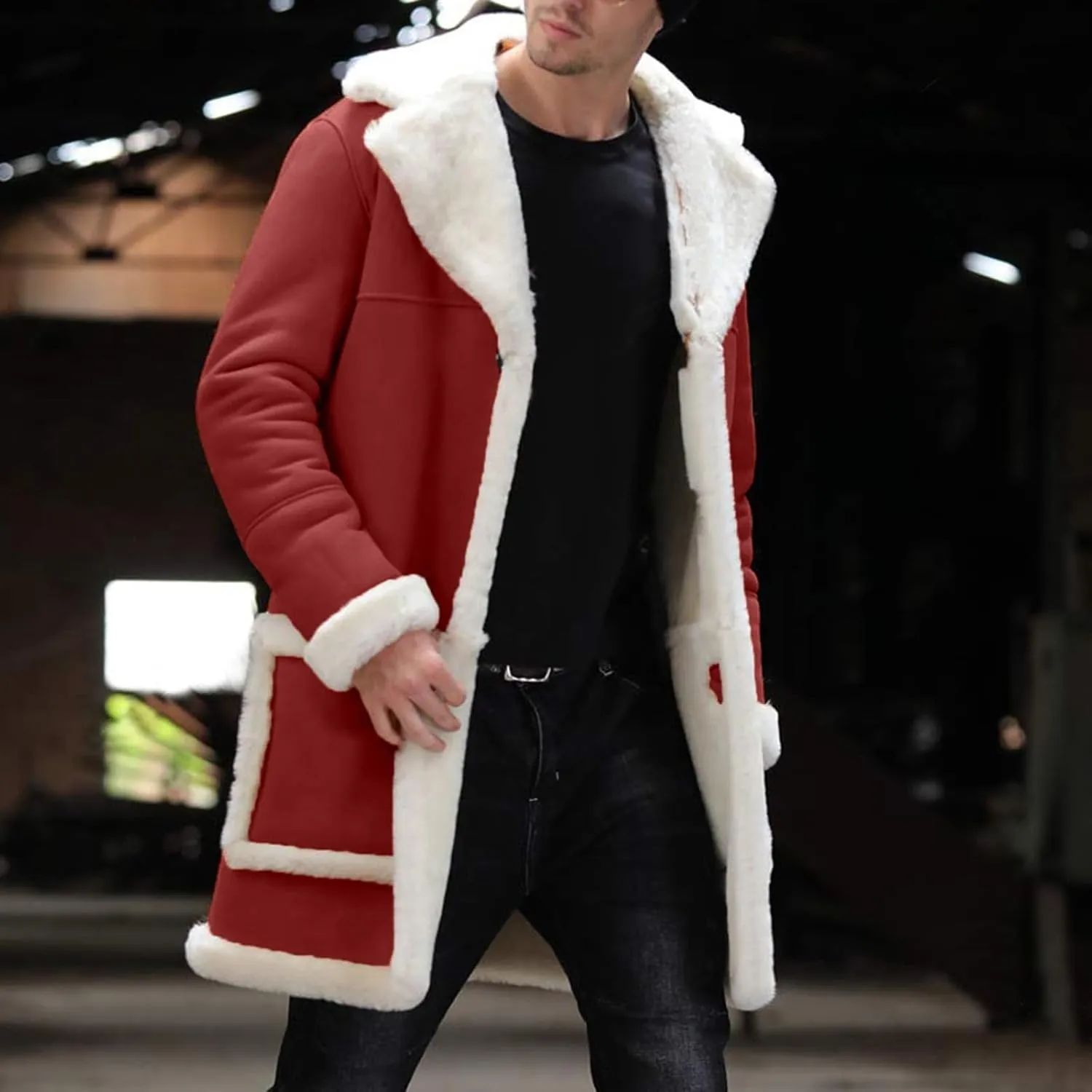 Mens Faux Sherpa Fleece Lined Long Jackets Winter Fur Collar Trench Coat Big and Tall Outwears with Pockets