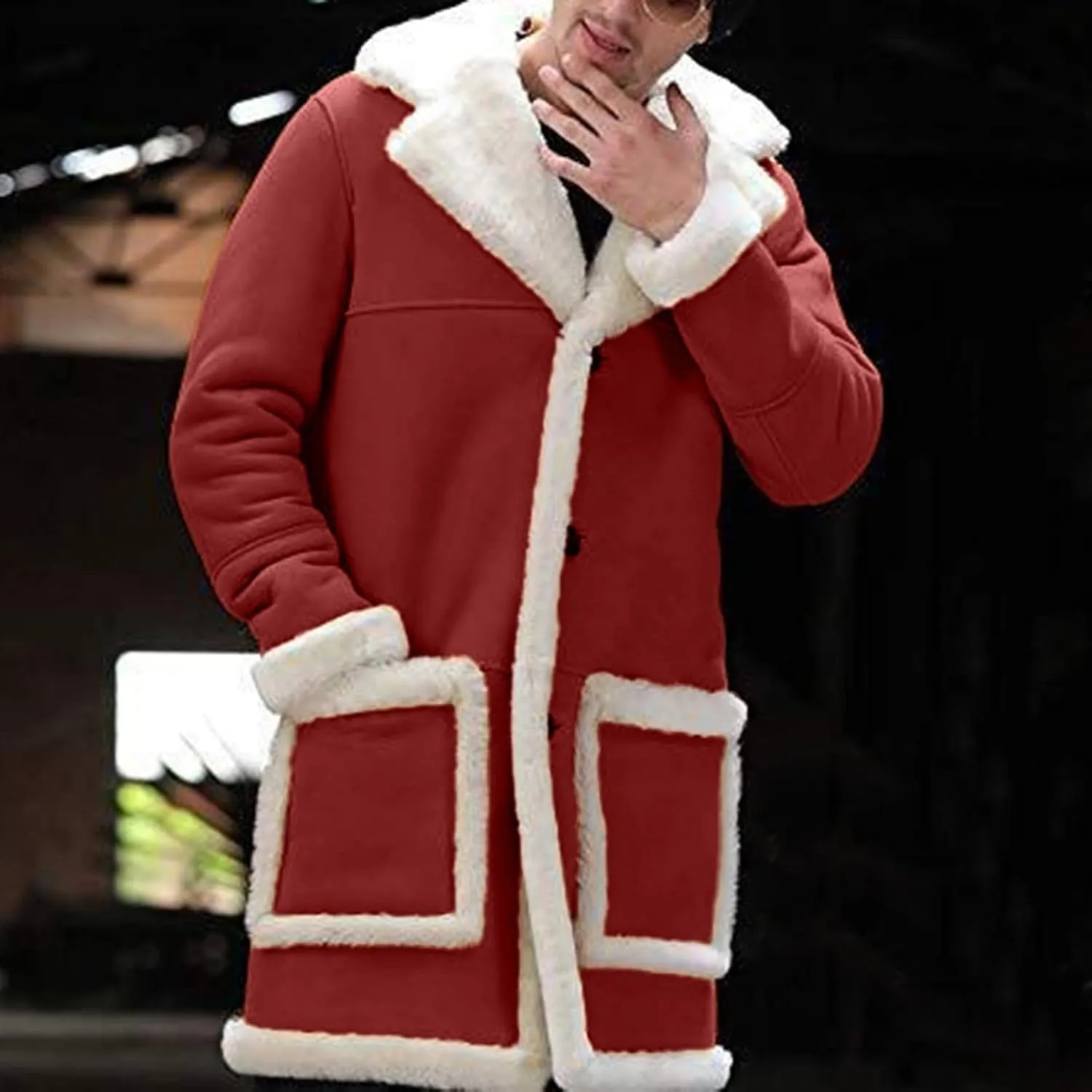 Mens Faux Sherpa Fleece Lined Long Jackets Winter Fur Collar Trench Coat Big and Tall Outwears with Pockets