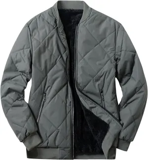 Men's Fleece Lined Diamond Padded Jacket Warm Thicken Zipper Baseball Sherpa Coat Fall Winter Cargo Bomber Jacket