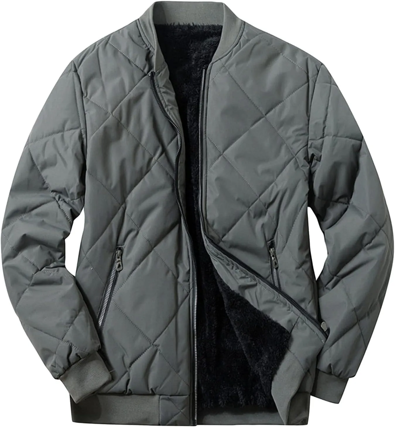 Men's Fleece Lined Diamond Padded Jacket Warm Thicken Zipper Baseball Sherpa Coat Fall Winter Cargo Bomber Jacket