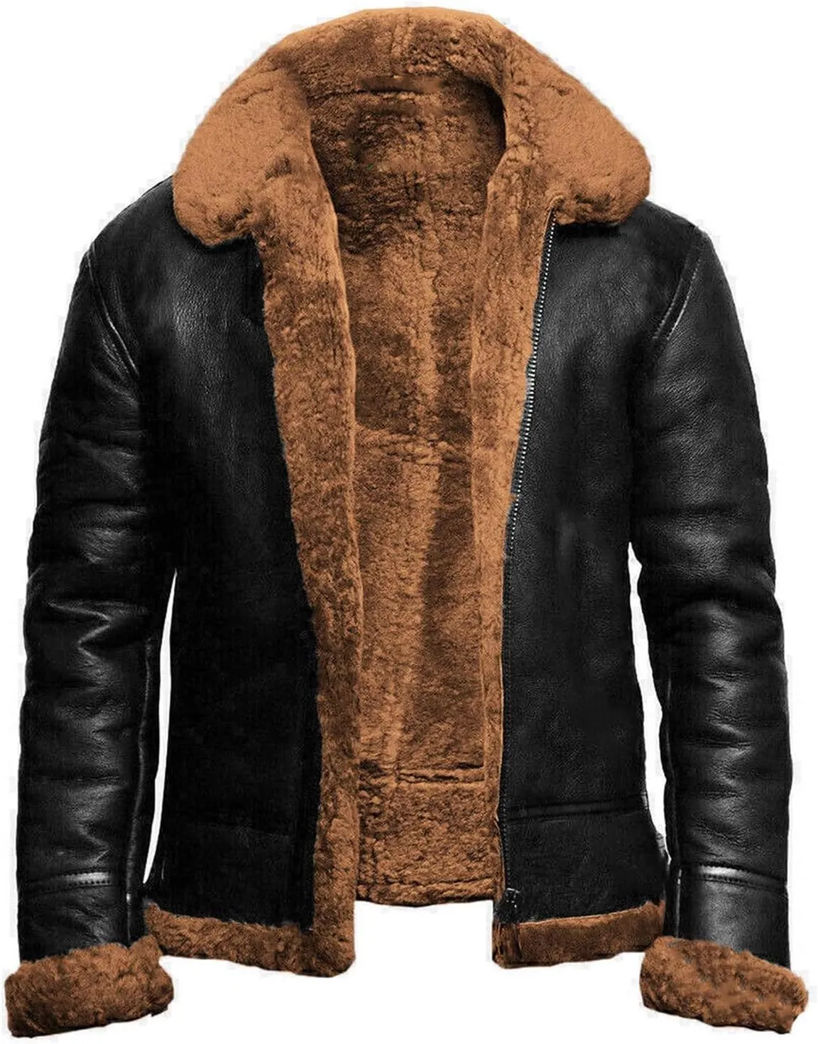 Mens Flying Sheepskin Leather Bomber Jacket Men Winter Aviator Sherpa Fur Lined Bomber Jackets Faux Shearling Coats