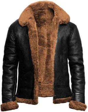 Mens Flying Sheepskin Leather Bomber Jacket Men Winter Aviator Sherpa Fur Lined Bomber Jackets Faux Shearling Coats