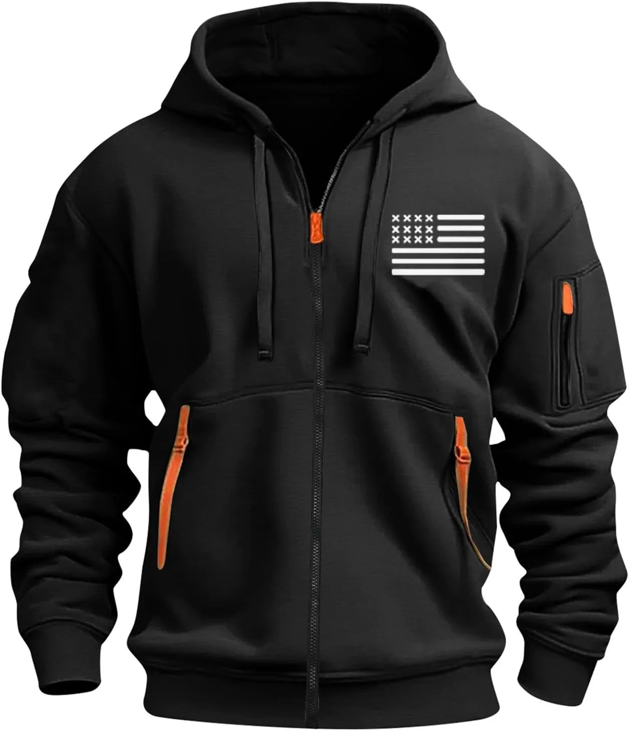 Mens Full Zip American Flag Print Hoodie Army Long Sleeve Drawstring Shirt Soft Patriotic Sweatshirt with Pockets