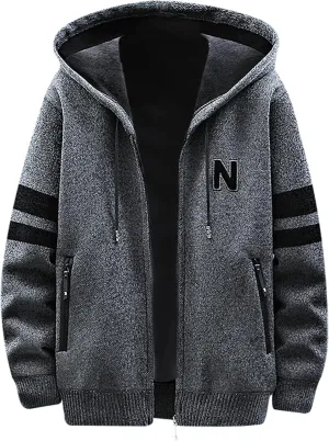 Mens Full Zip up Hooded Sweater Jacket Winter Long Sleeve Fleece Lined Knit Cardigan Coats Thickened Warm Outerwear