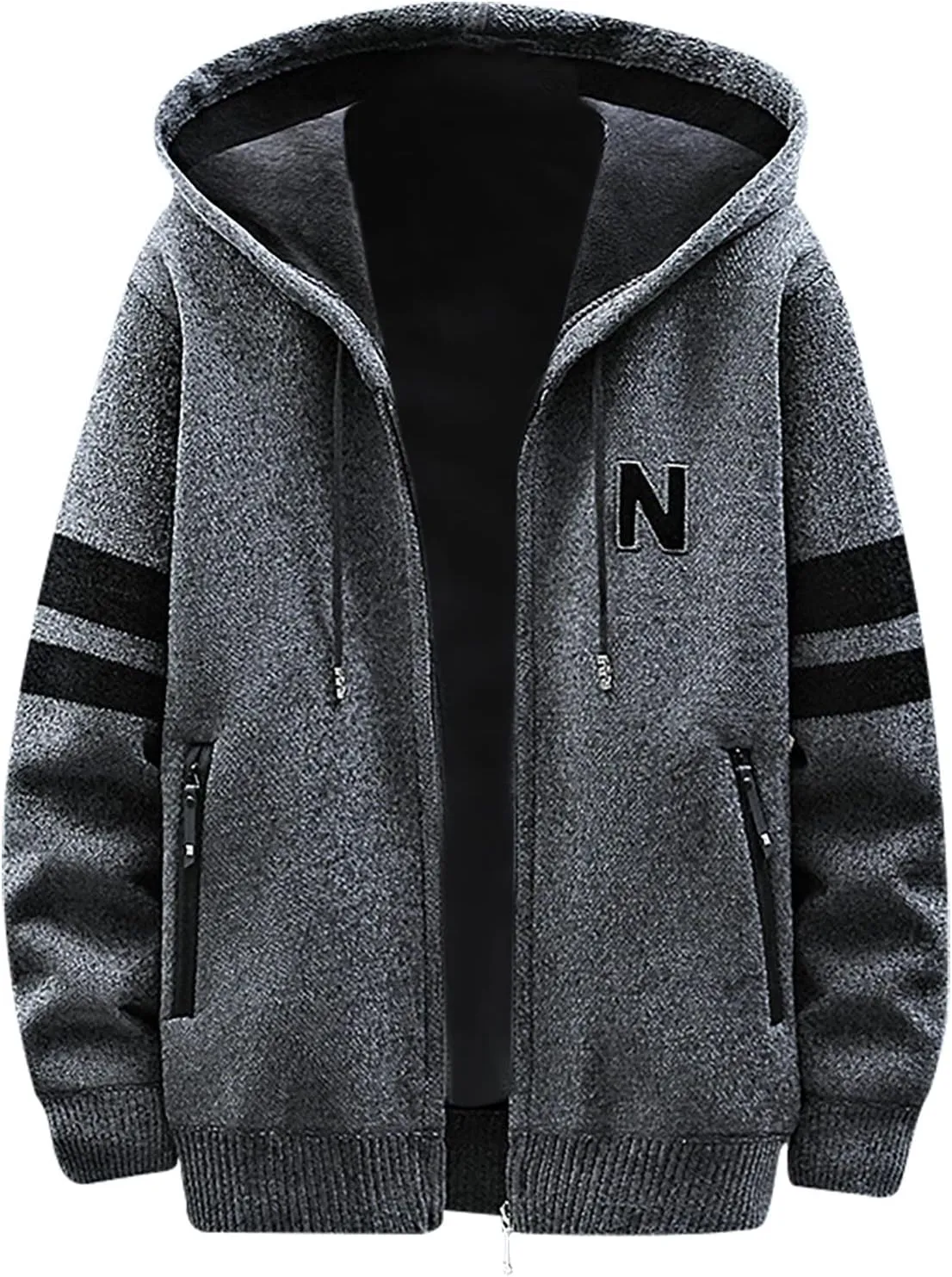 Mens Full Zip up Hooded Sweater Jacket Winter Long Sleeve Fleece Lined Knit Cardigan Coats Thickened Warm Outerwear