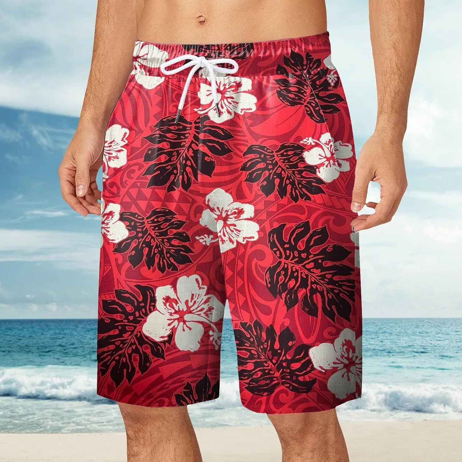 Mens Funny Hawaiian Shorts Summer Lightweight Elastic Drawstring 3D Printed Casual Capri Pants Outdoor Beach Traveling Shorts