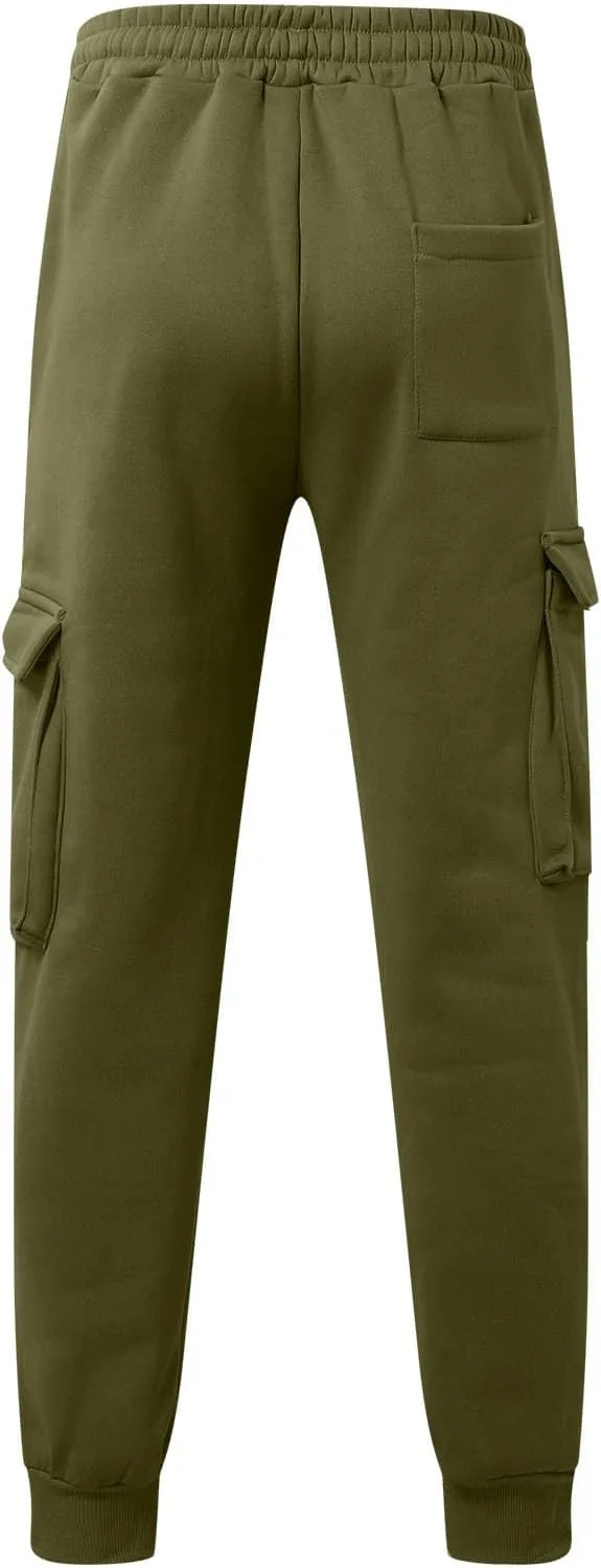 Men's Heavyweight Fleece Cargo Sweatpants Jogger Sweat Pants Elastic Waist Drawstring Joggers Trousers with Pockets