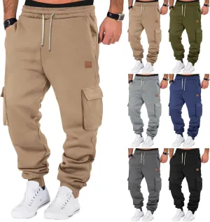 Men's Heavyweight Fleece Cargo Sweatpants Jogger Sweat Pants Elastic Waist Drawstring Joggers Trousers with Pockets