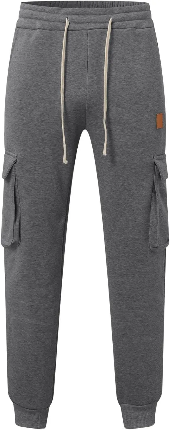 Men's Heavyweight Fleece Cargo Sweatpants Jogger Sweat Pants Elastic Waist Drawstring Joggers Trousers with Pockets