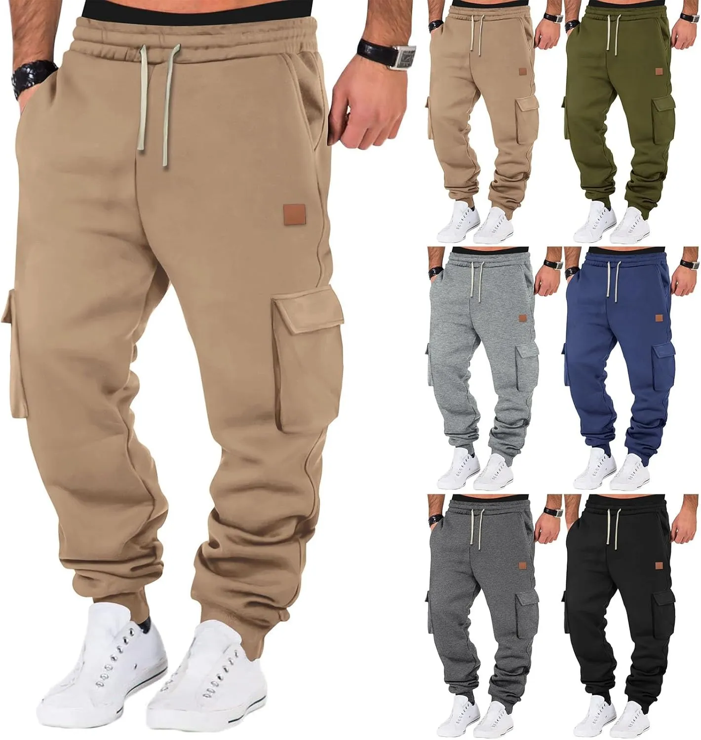 Men's Heavyweight Fleece Cargo Sweatpants Jogger Sweat Pants Elastic Waist Drawstring Joggers Trousers with Pockets