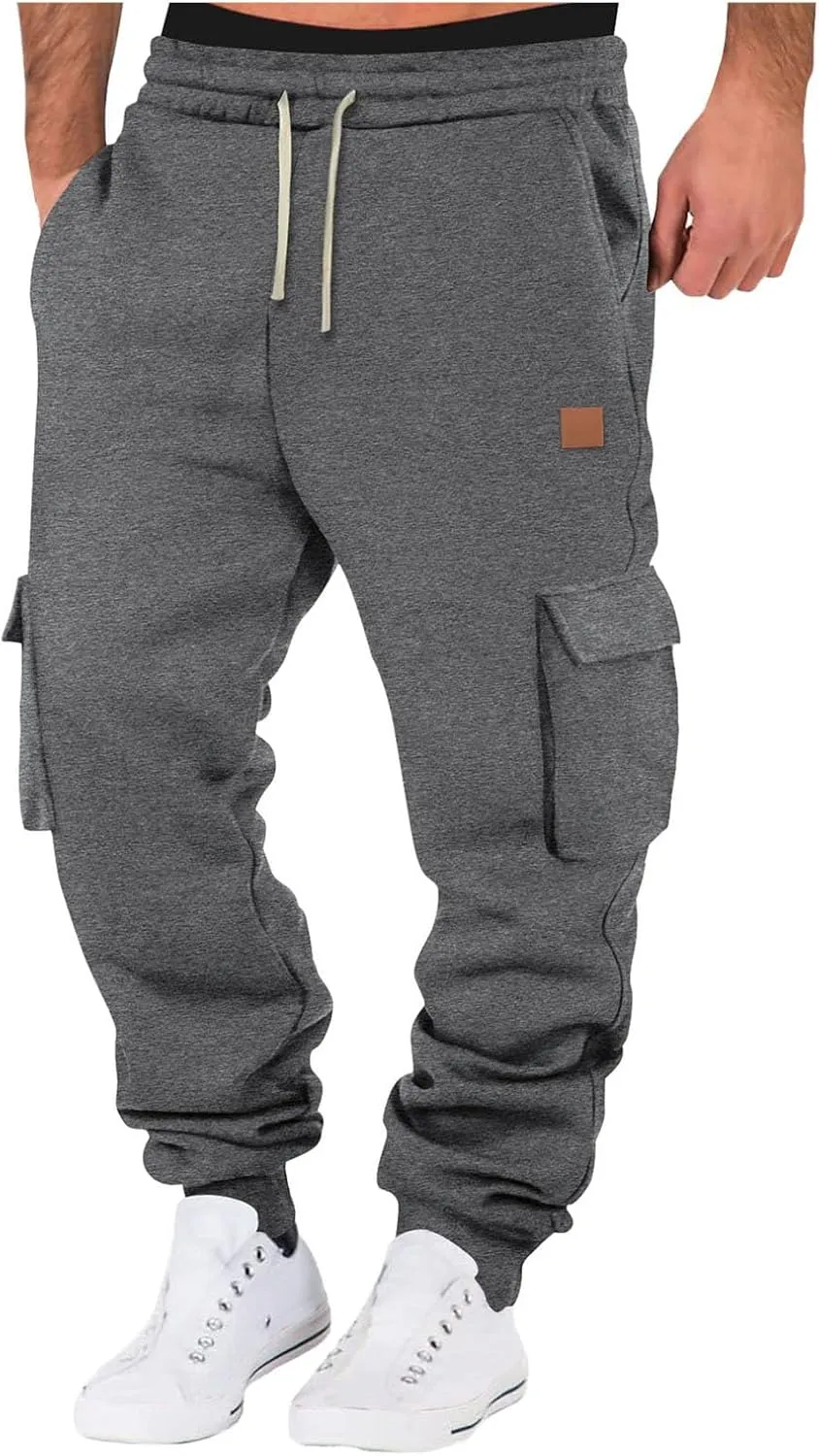 Men's Heavyweight Fleece Cargo Sweatpants Jogger Sweat Pants Elastic Waist Drawstring Joggers Trousers with Pockets