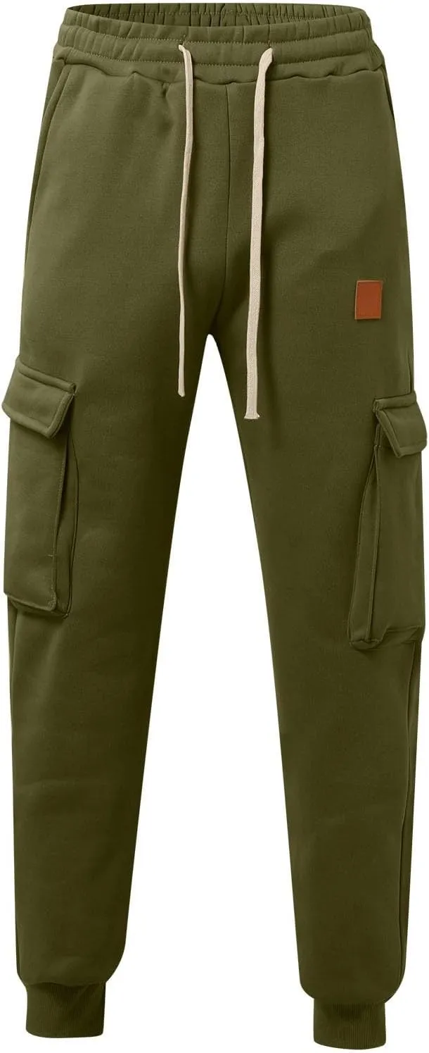 Men's Heavyweight Fleece Cargo Sweatpants Jogger Sweat Pants Elastic Waist Drawstring Joggers Trousers with Pockets