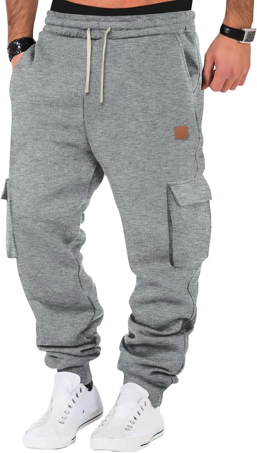 Men's Heavyweight Fleece Cargo Sweatpants Jogger Sweat Pants Elastic Waist Drawstring Joggers Trousers with Pockets