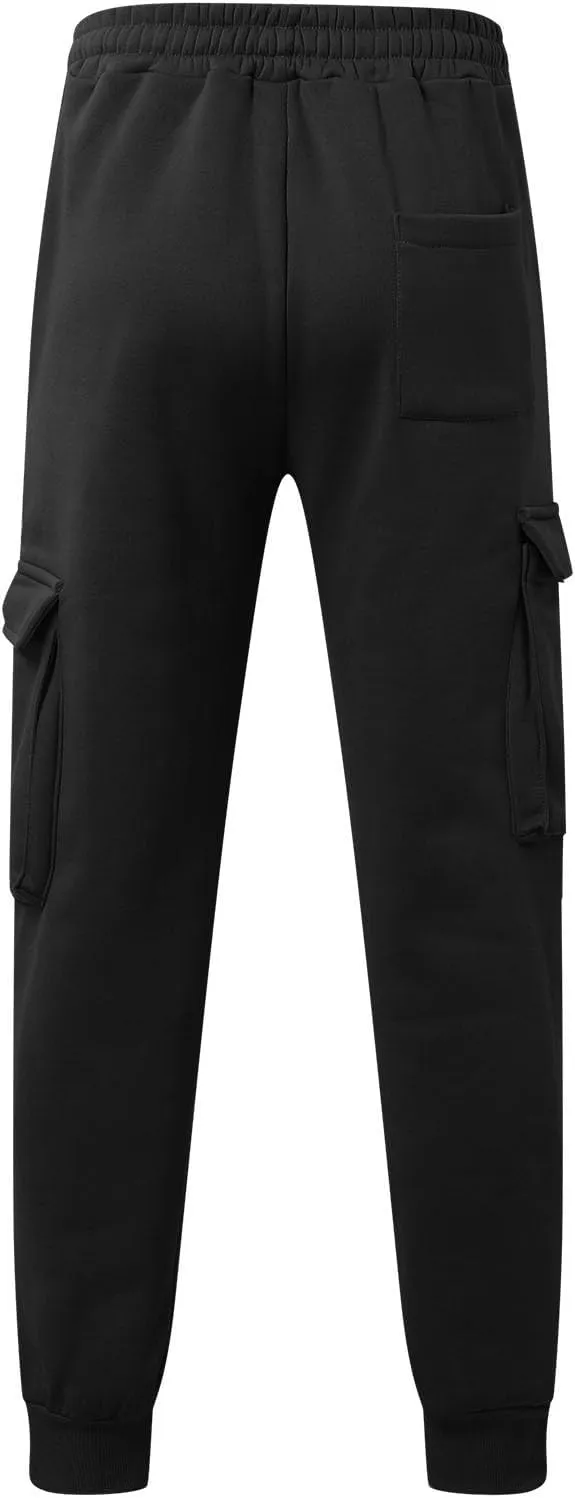 Men's Heavyweight Fleece Cargo Sweatpants Jogger Sweat Pants Elastic Waist Drawstring Joggers Trousers with Pockets